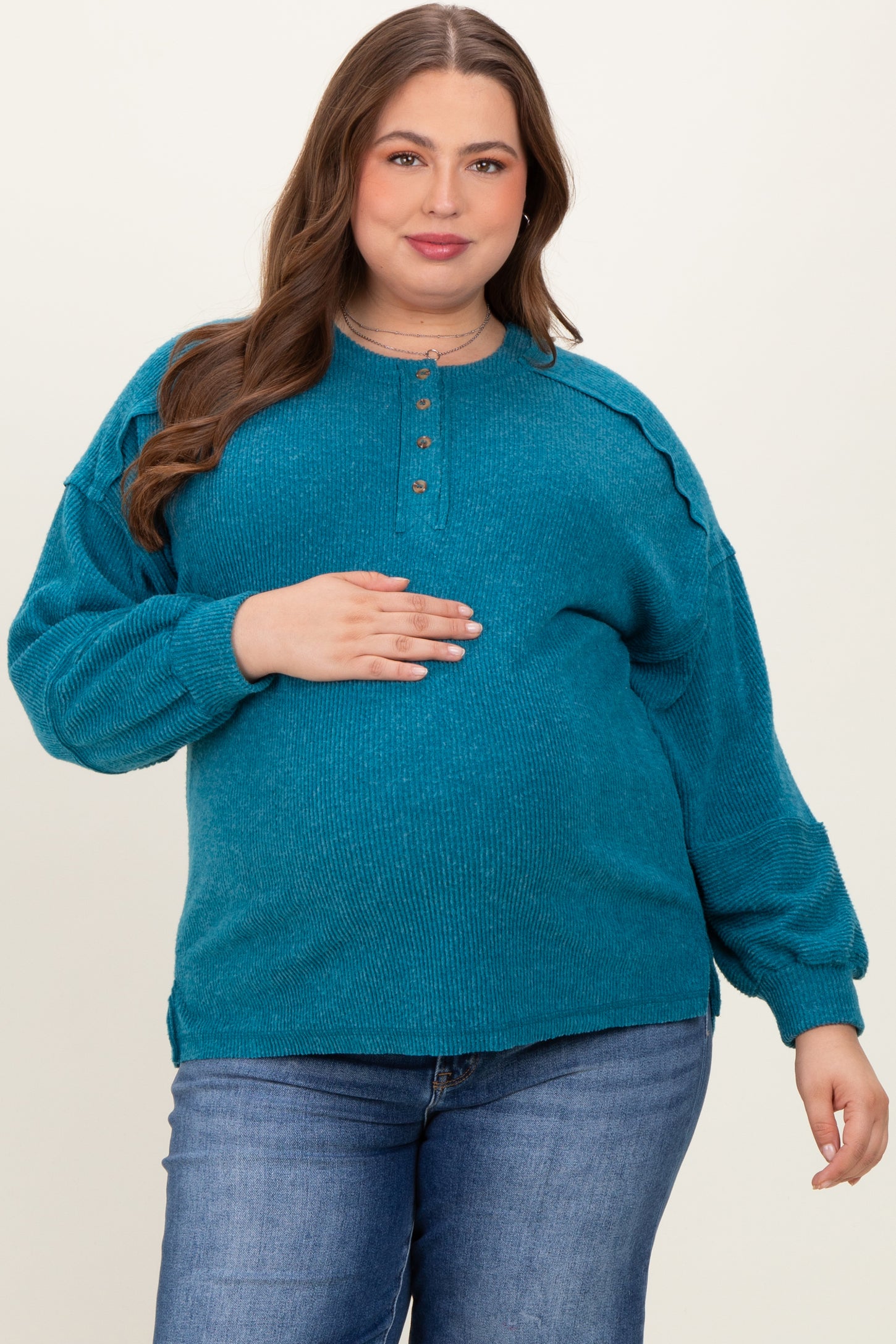 Teal Oversized Ribbed Knit Henley Maternity Plus Sweater