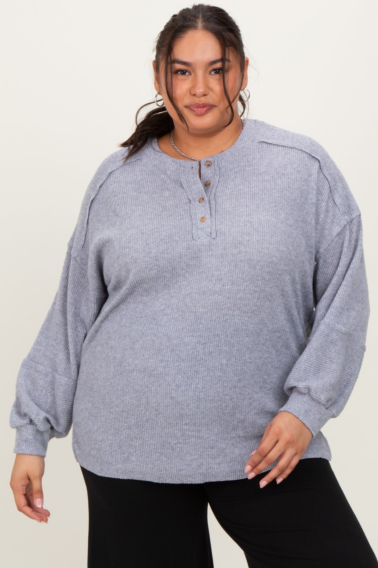 Heather Grey Oversized Ribbed Knit Henley Plus Sweater