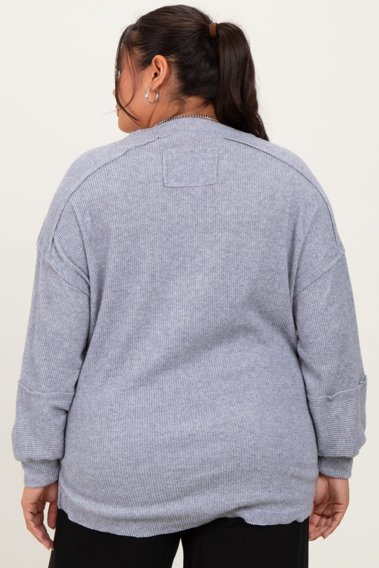 Heather Grey Oversized Ribbed Knit Henley Plus Sweater