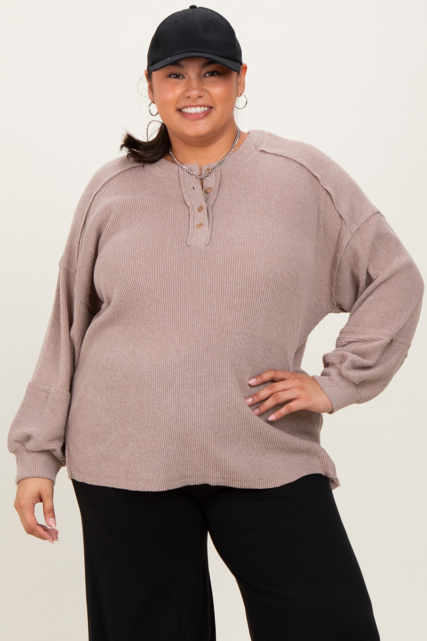 Beige Oversized Ribbed Knit Henley Plus Sweater