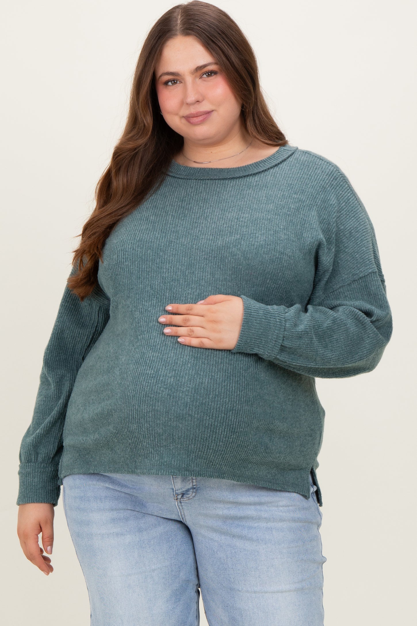 Emerald Green Brushed Ribbed Knit Maternity Plus Pullover
