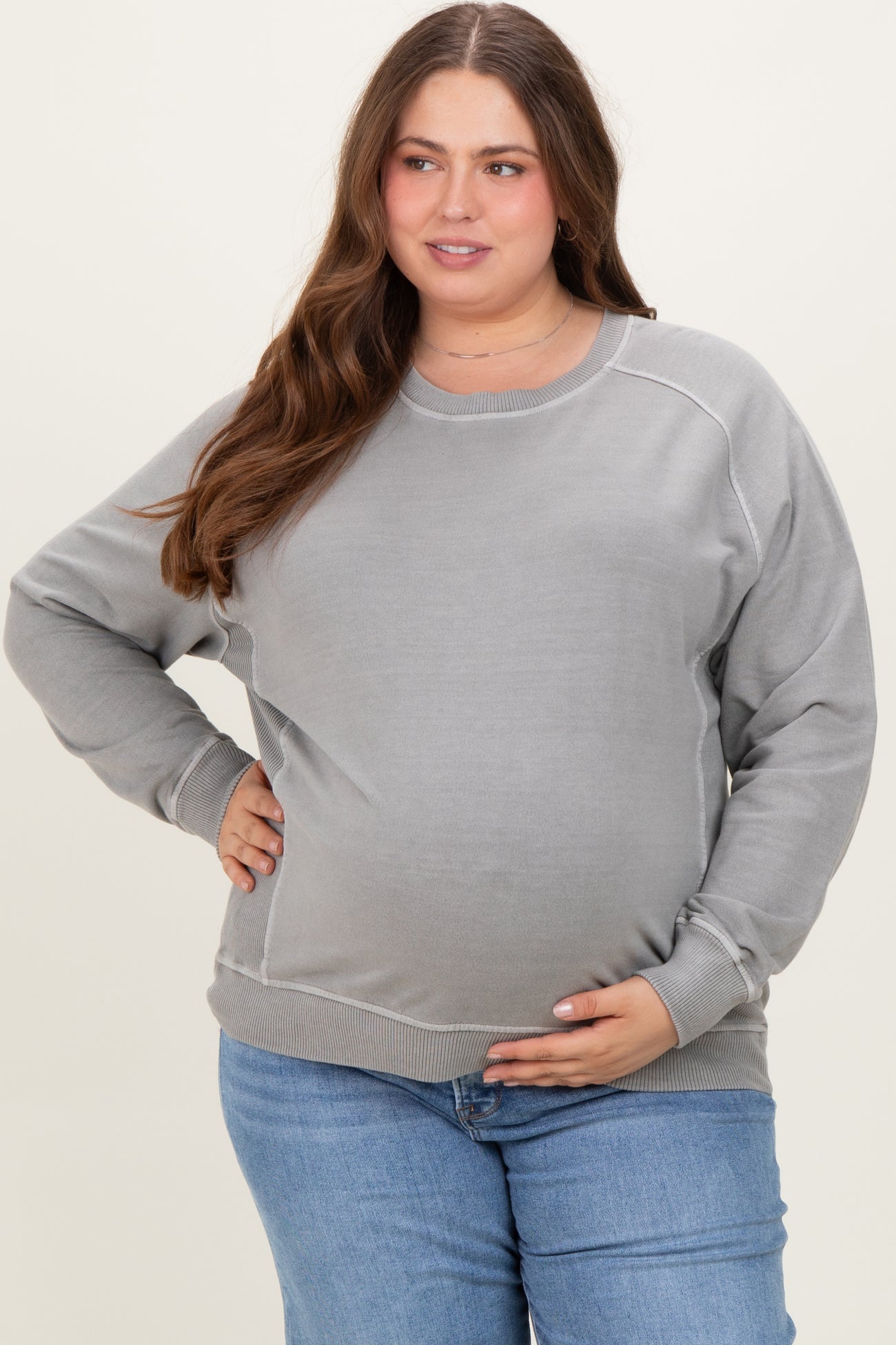 Heather Grey French Terry Vintage Wash Maternity Plus Pullover