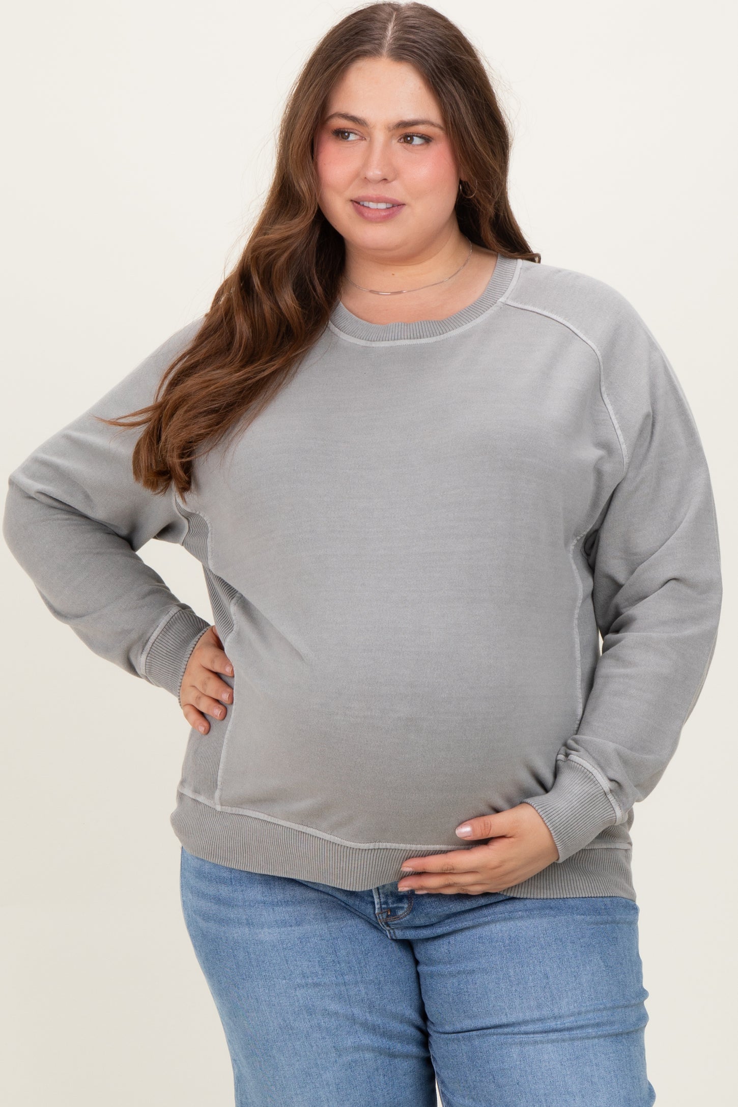 Heather Grey French Terry Vintage Wash Maternity Plus Pullover