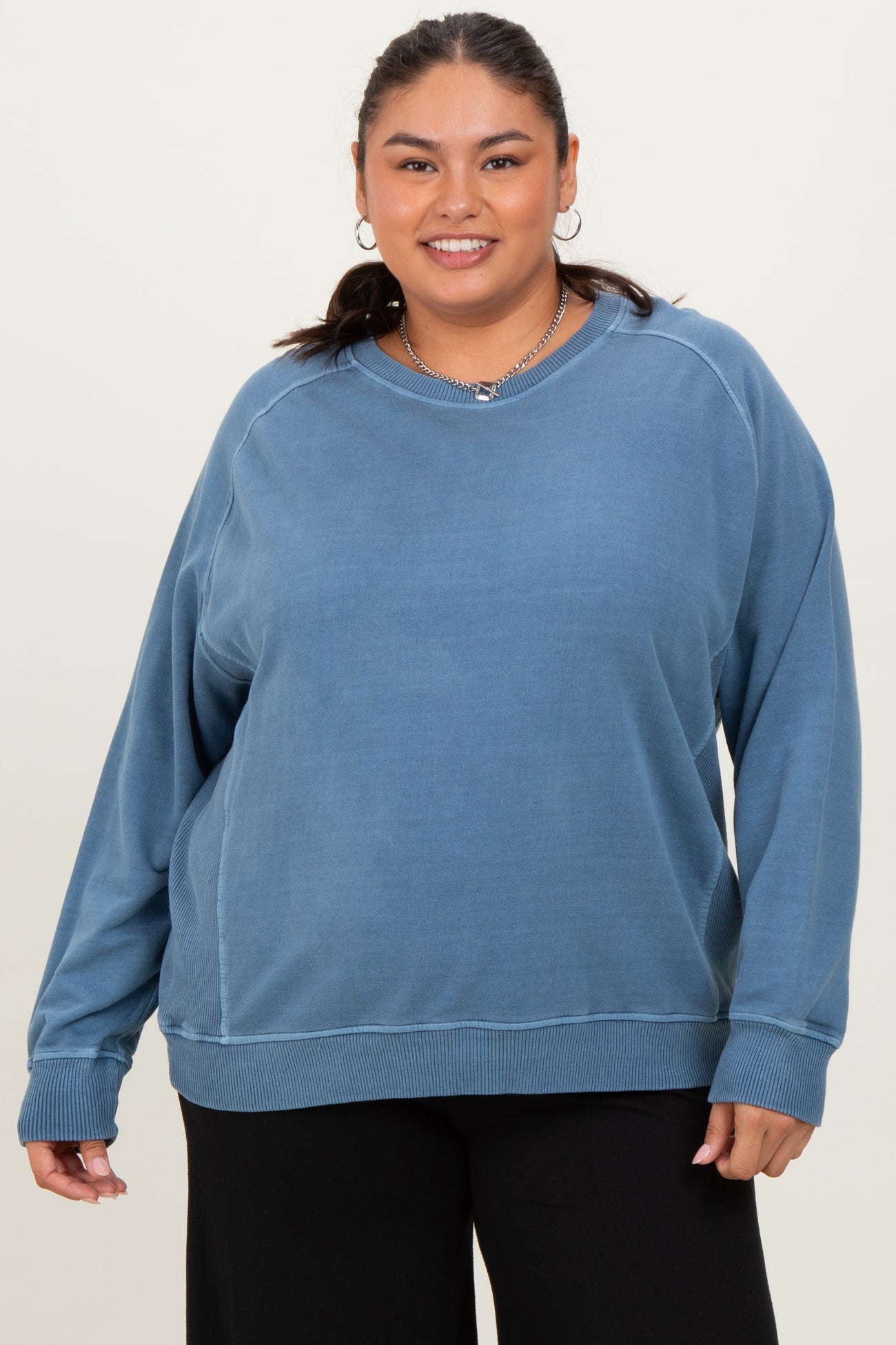 Blue French Terry Vintage Wash Maternity Plus Pullover