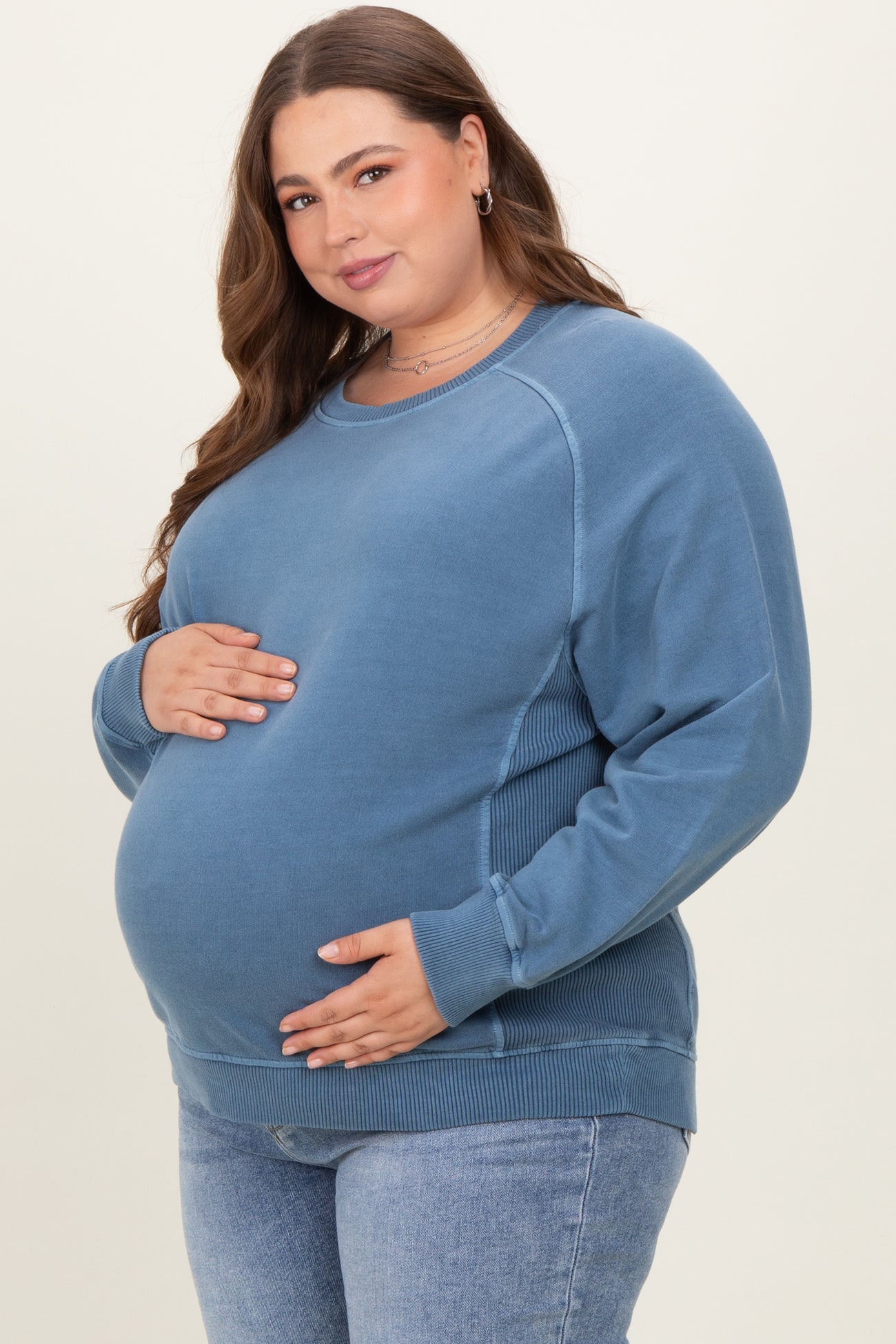Blue French Terry Vintage Wash Maternity Plus Pullover