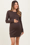 Brown Ribbed Long Sleeve Maternity Short Dress