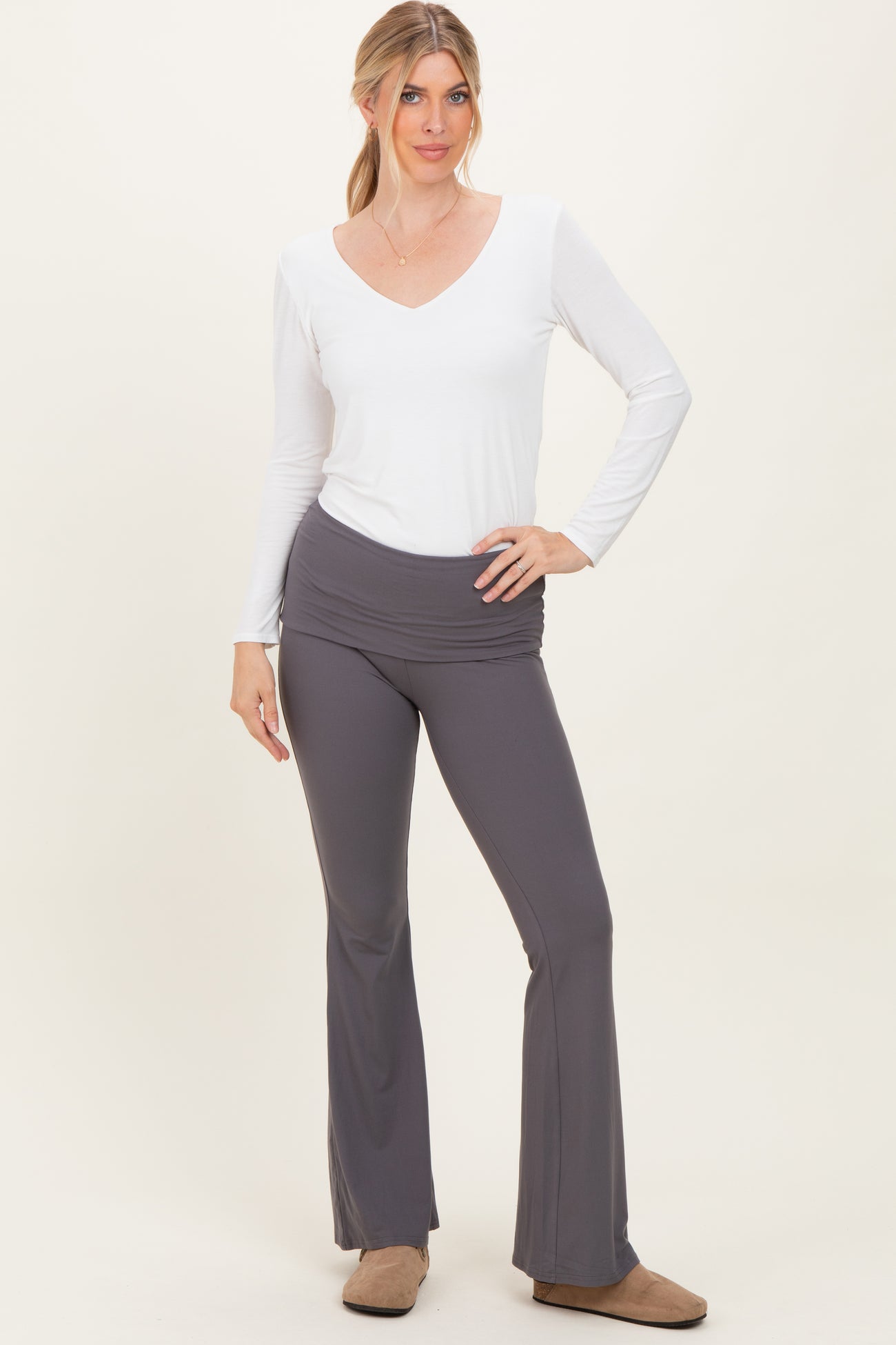 Grey Wide Fold-Over Flared Maternity Pants