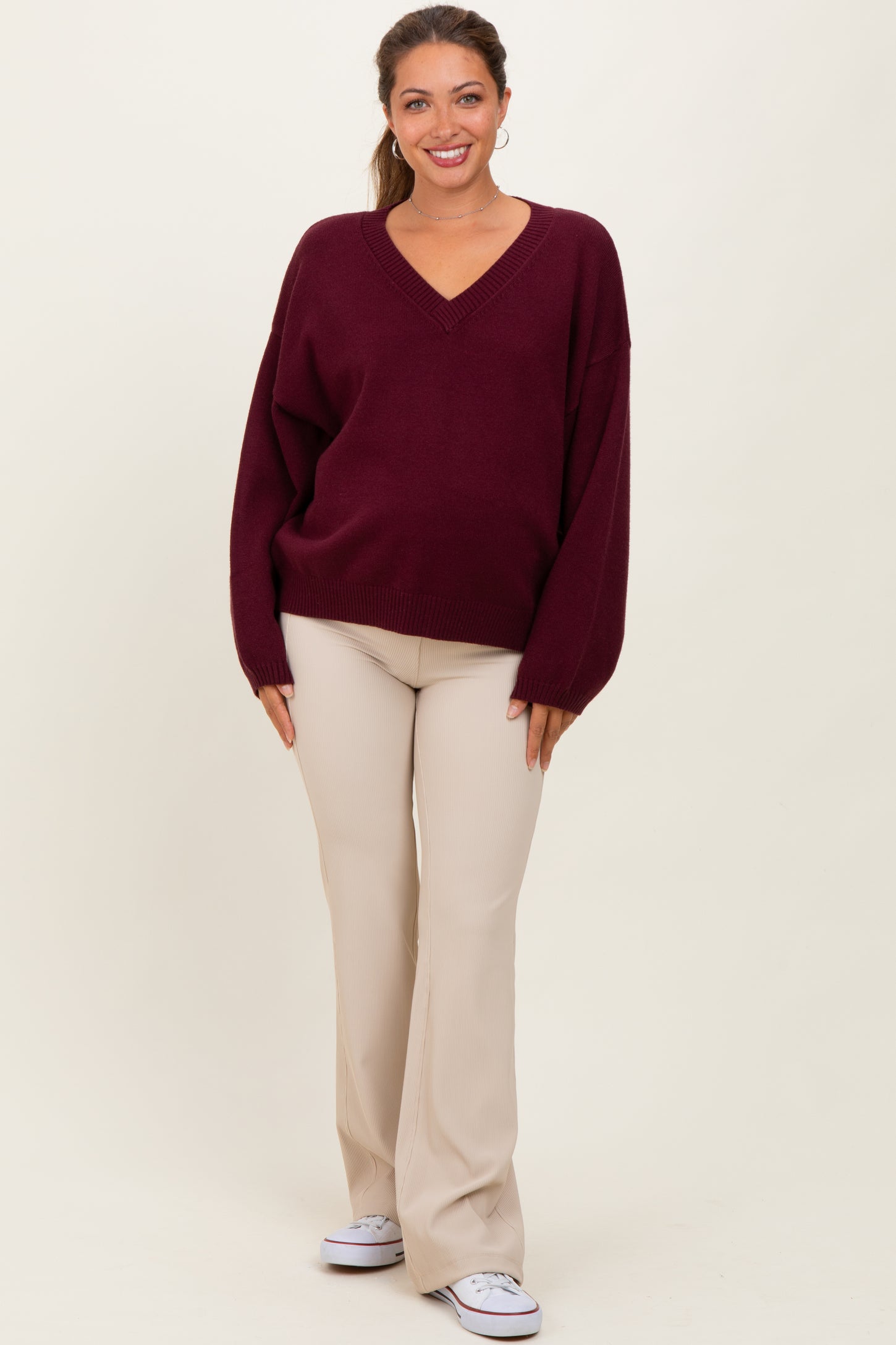 Burgundy V-Neck Drop Shoulder Sweater