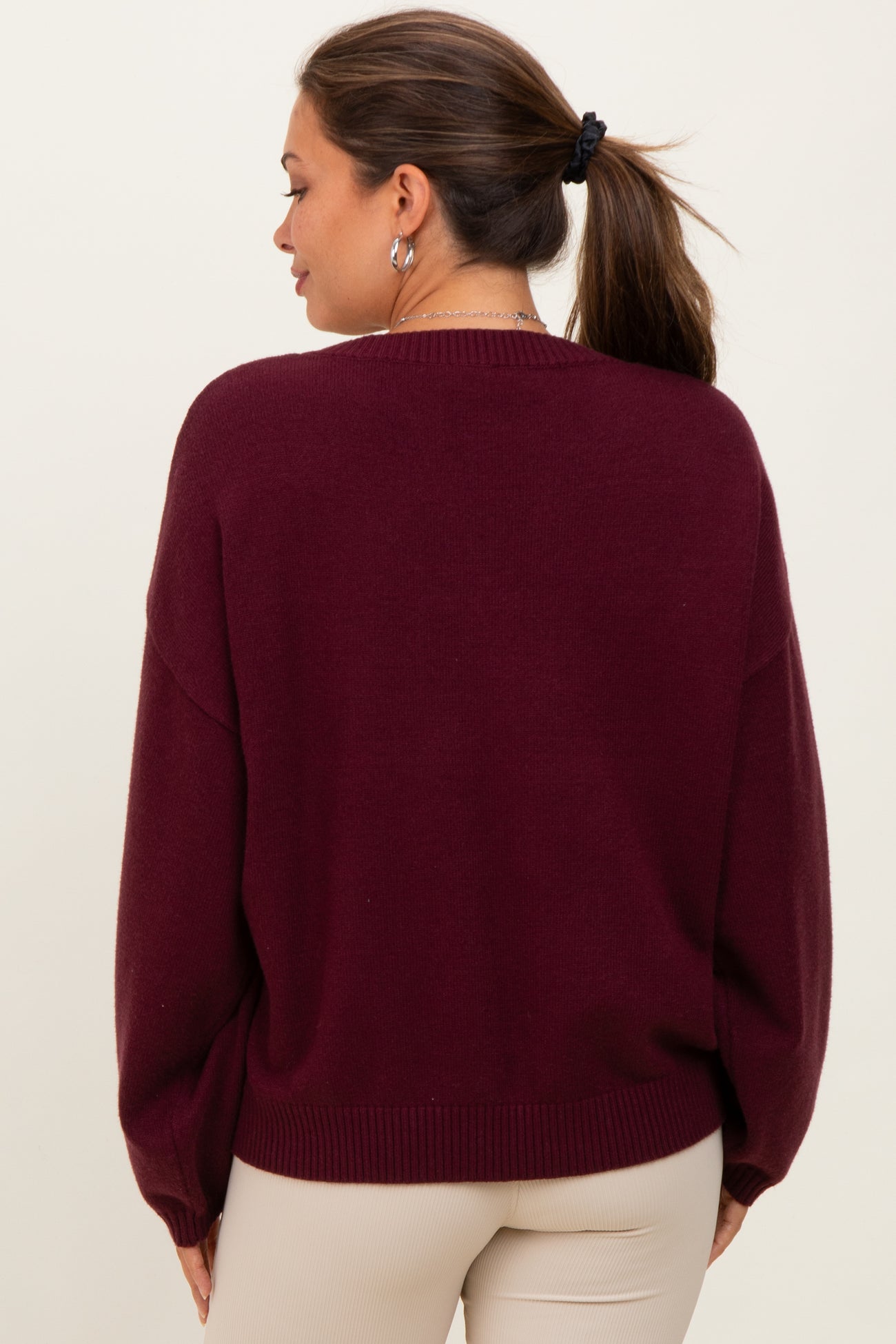 Burgundy V-Neck Drop Shoulder Sweater