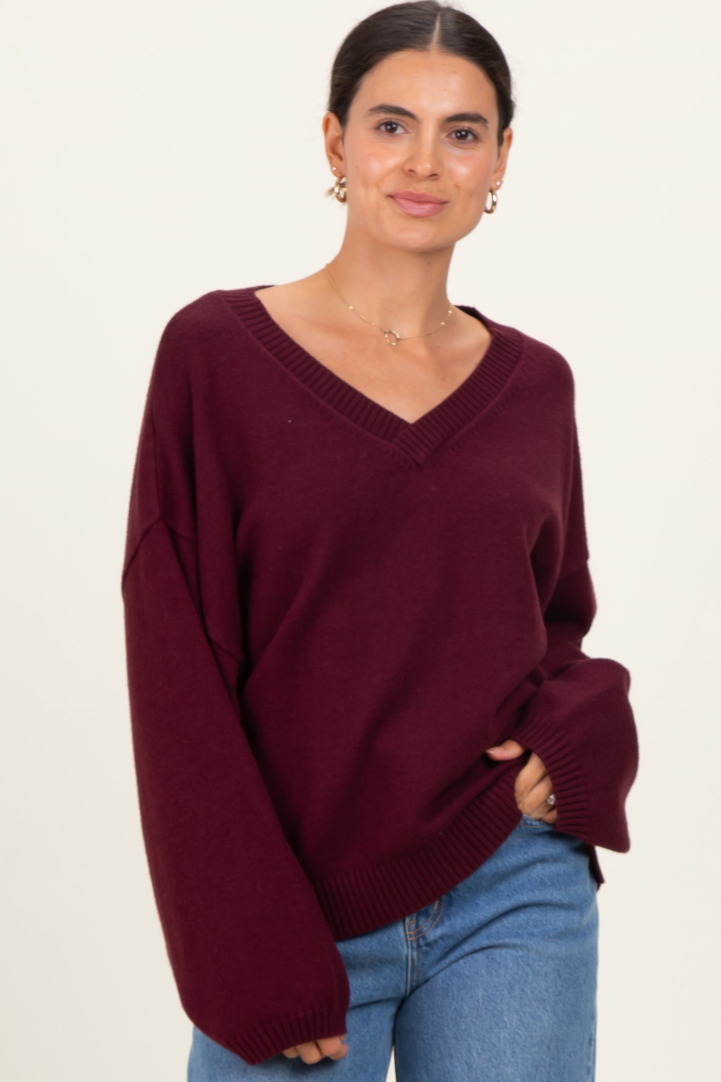 Burgundy V-Neck Drop Shoulder Sweater