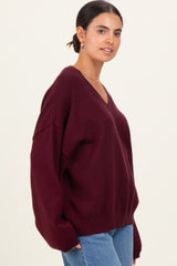 Burgundy V-Neck Drop Shoulder Maternity Sweater