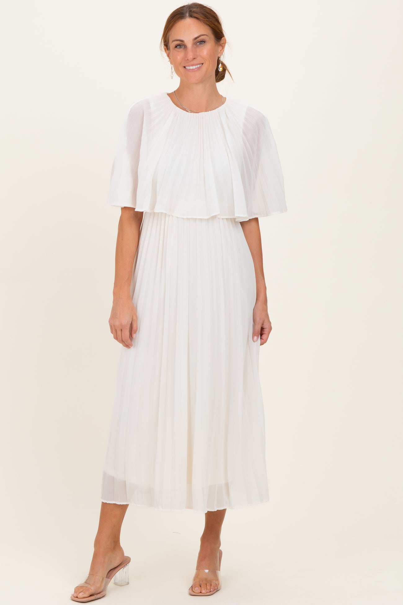 Cream Pleated Cape Midi Dress