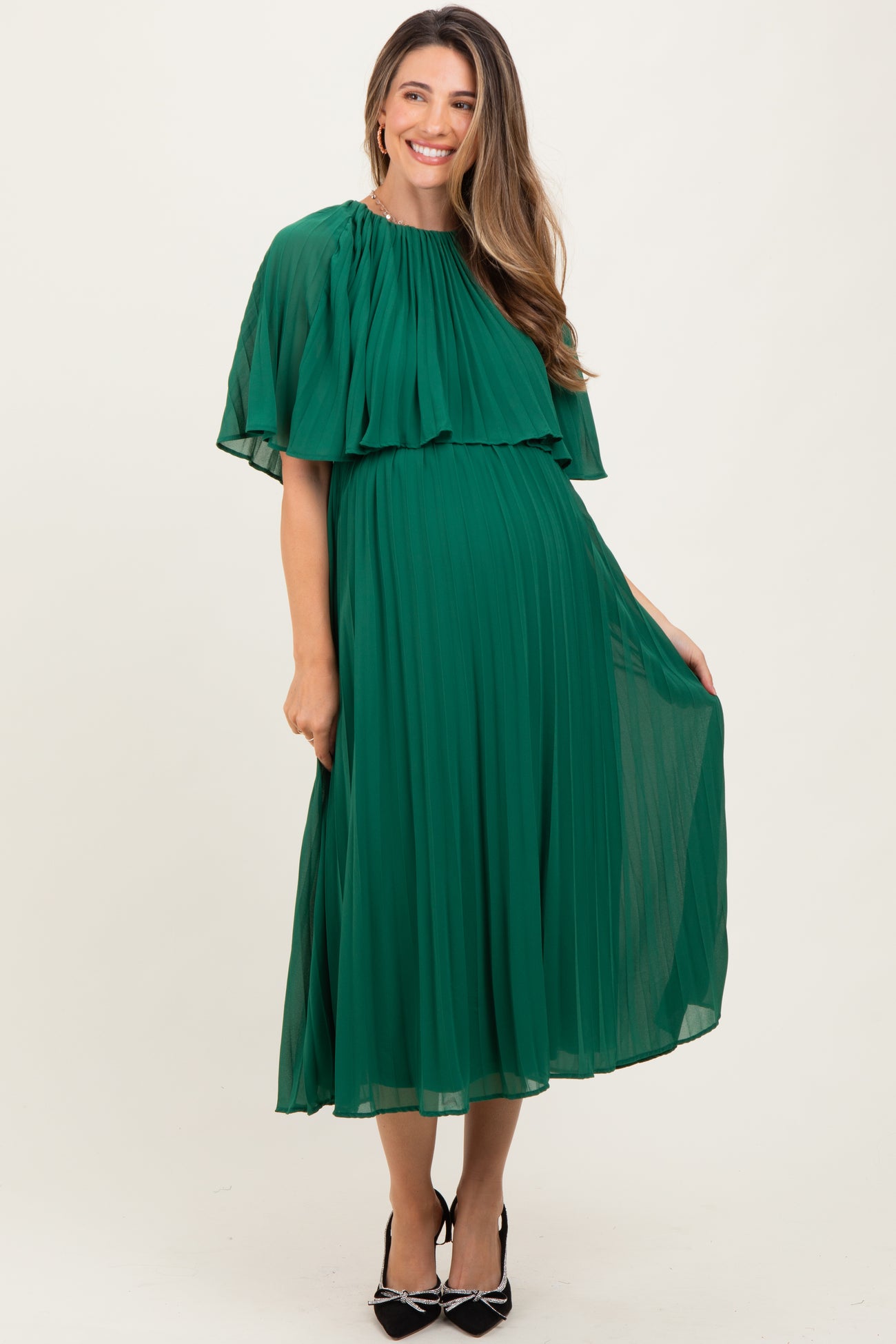 Green Pleated Cape Maternity Midi Dress