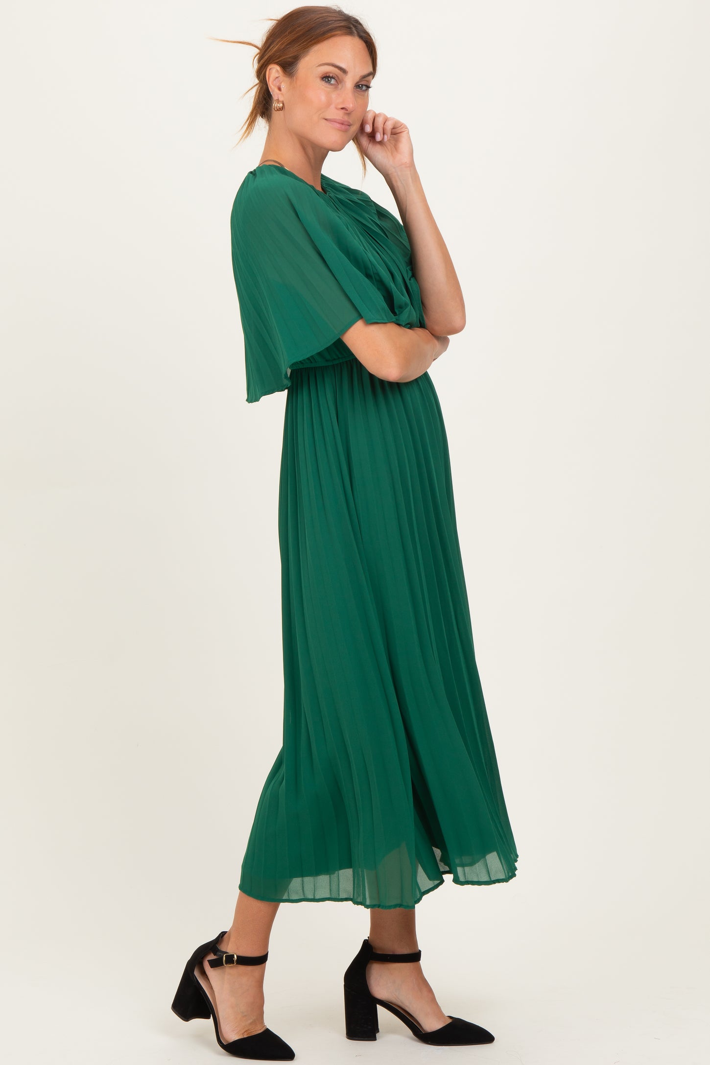 Green Pleated Cape Midi Dress