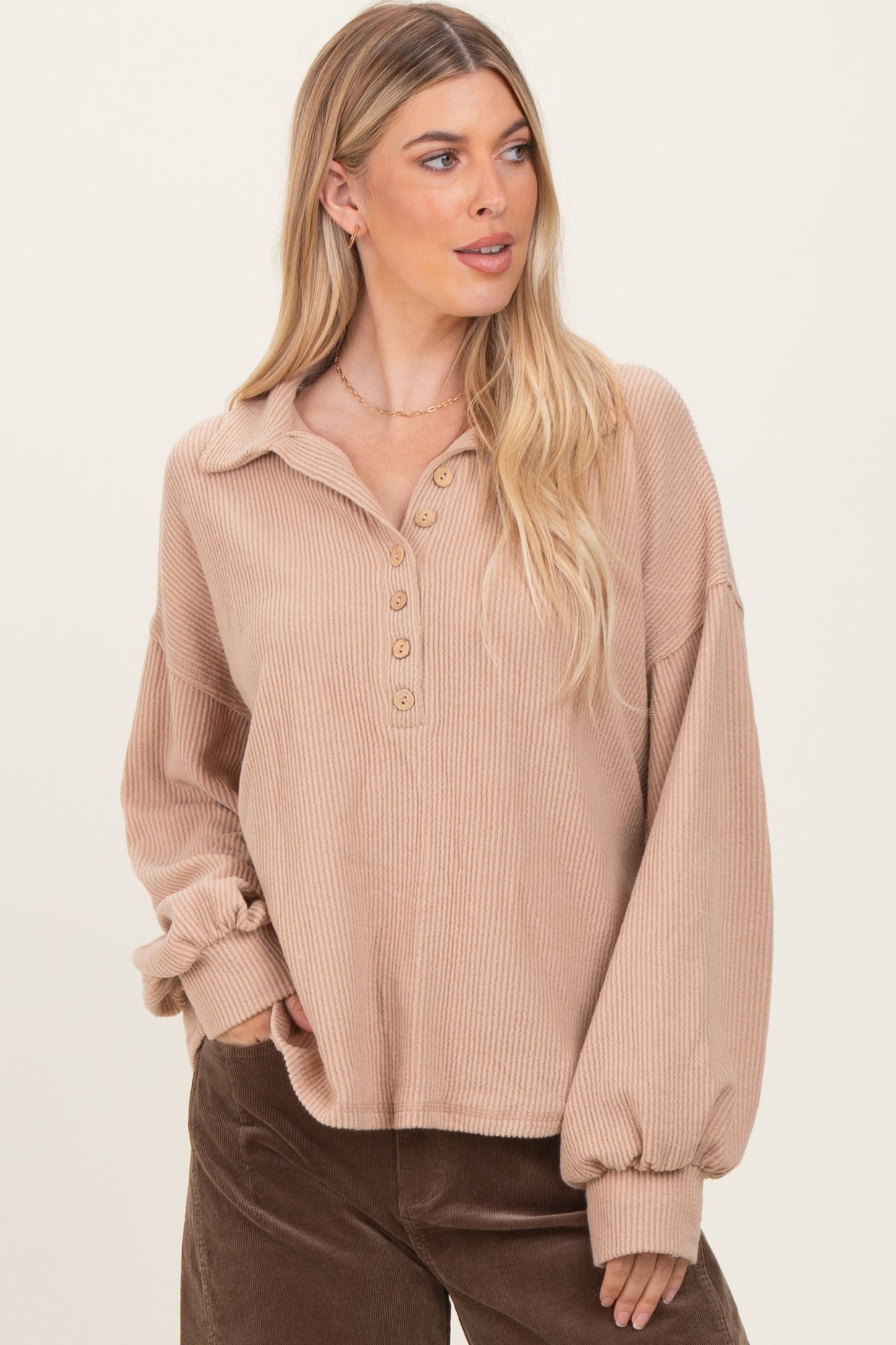 Taupe Solid Ribbed Long Sleeve Button Down Collared Top