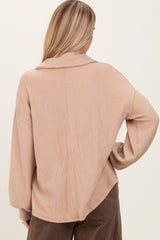 Taupe Solid Ribbed Long Sleeve Button Down Collared Top