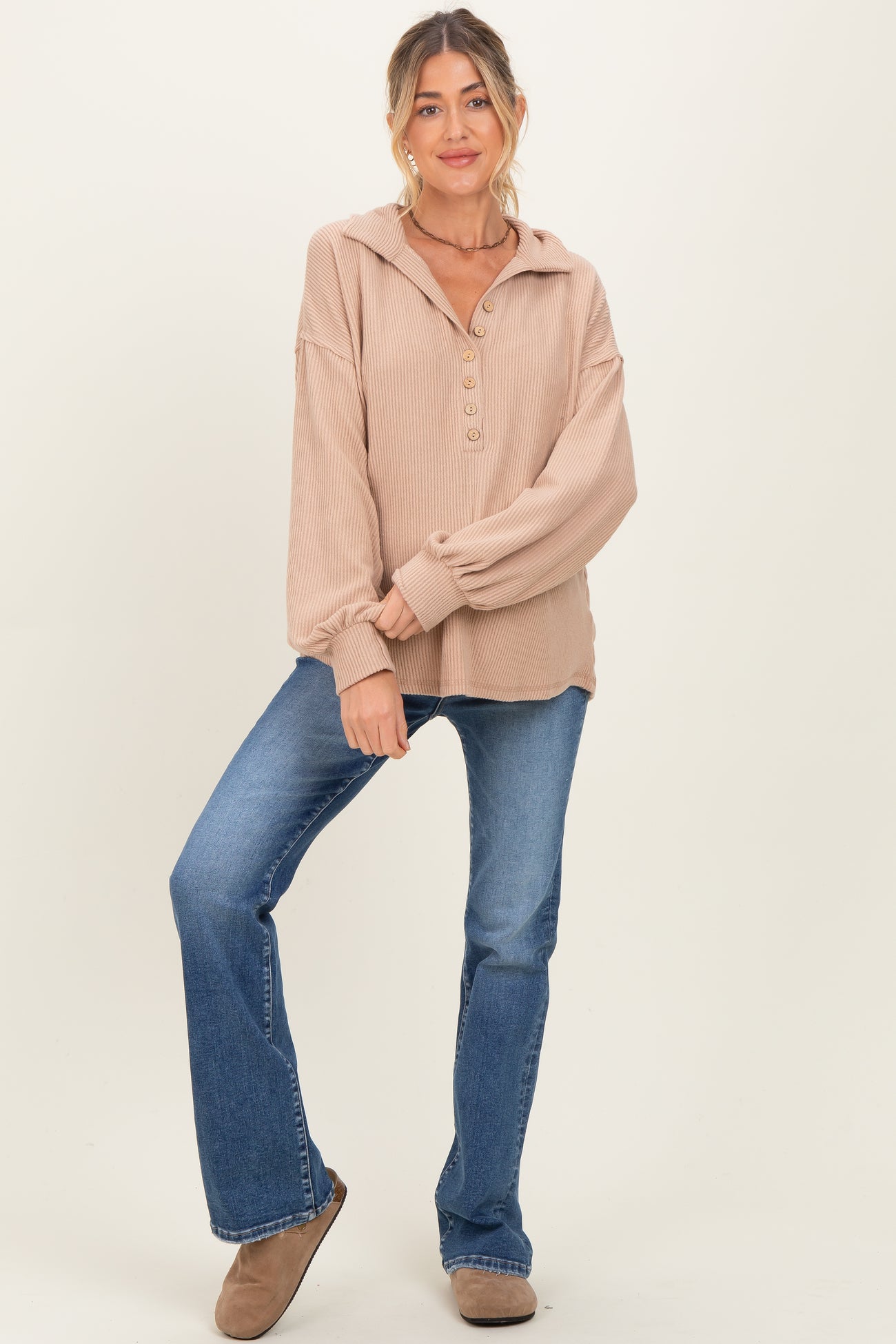 Taupe Solid Ribbed Long Sleeve Button Down Collared Maternity Top