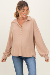 Taupe Solid Ribbed Long Sleeve Button Down Collared Maternity Top