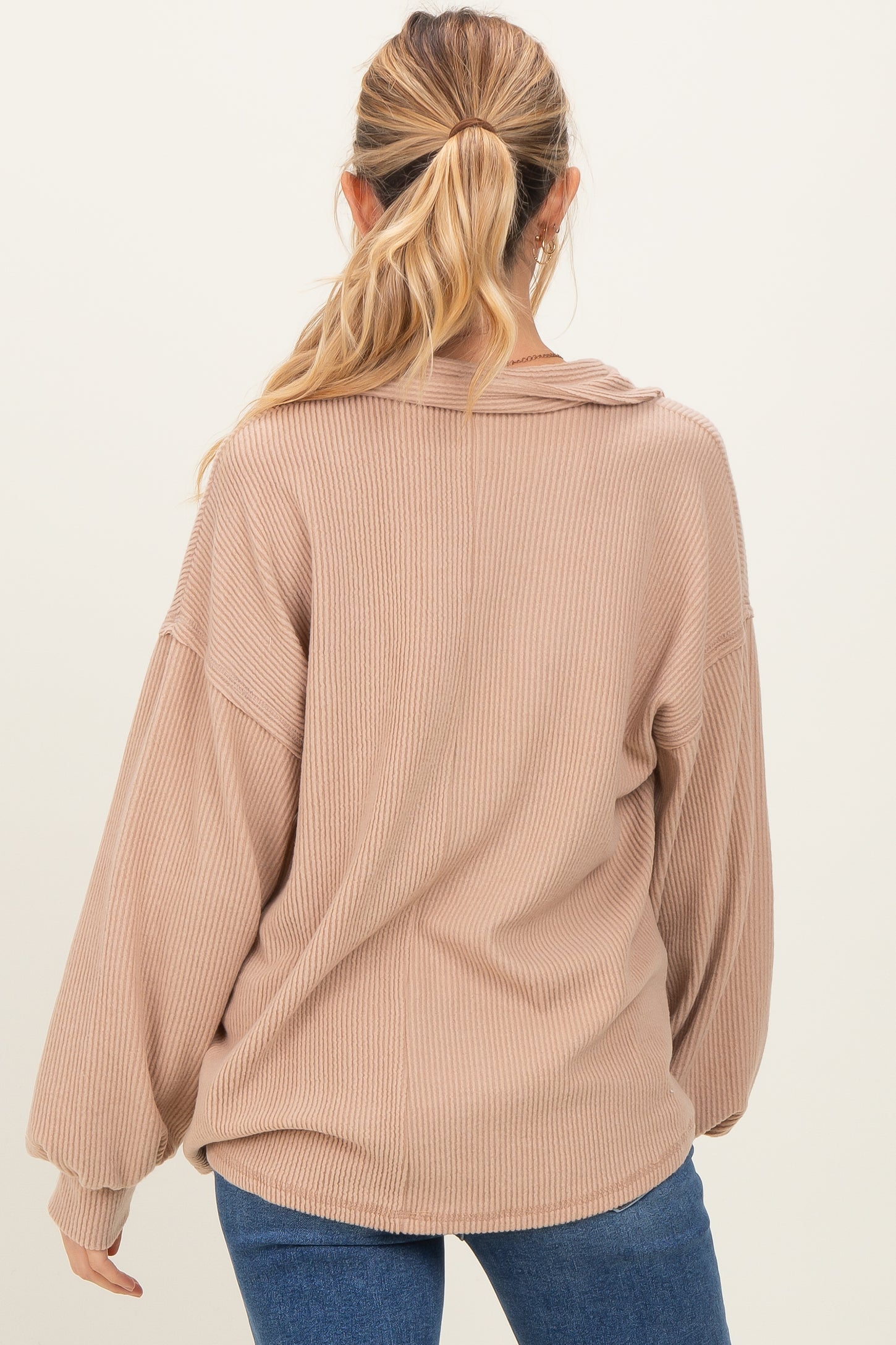 Taupe Solid Ribbed Long Sleeve Button Down Collared Maternity Top