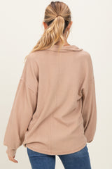 Taupe Solid Ribbed Long Sleeve Button Down Collared Maternity Top