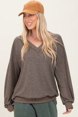 Mocha Brushed Long Sleeve Ribbed V-Neck Top