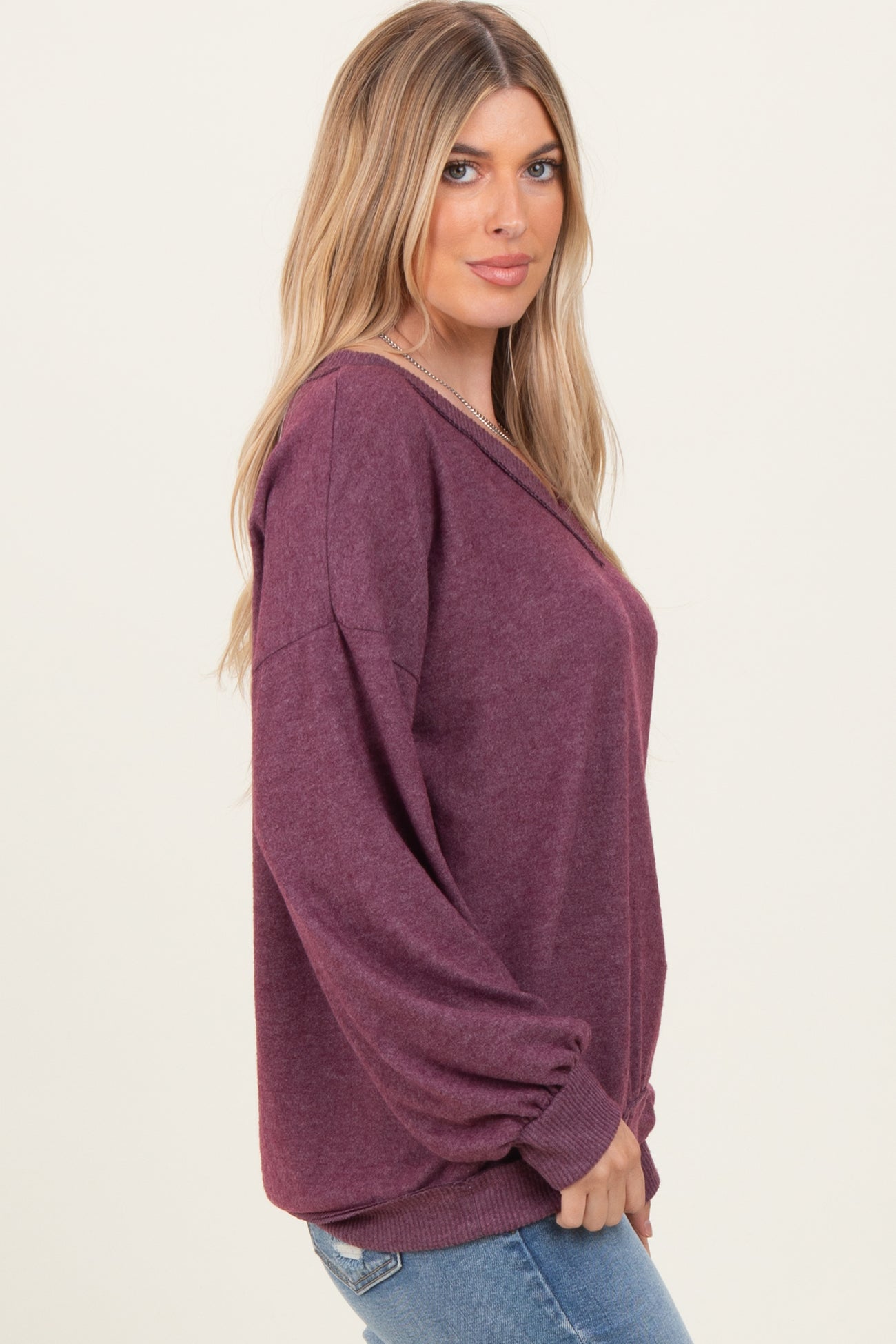 Plum Brushed Long Sleeve Ribbed V-Neck Top