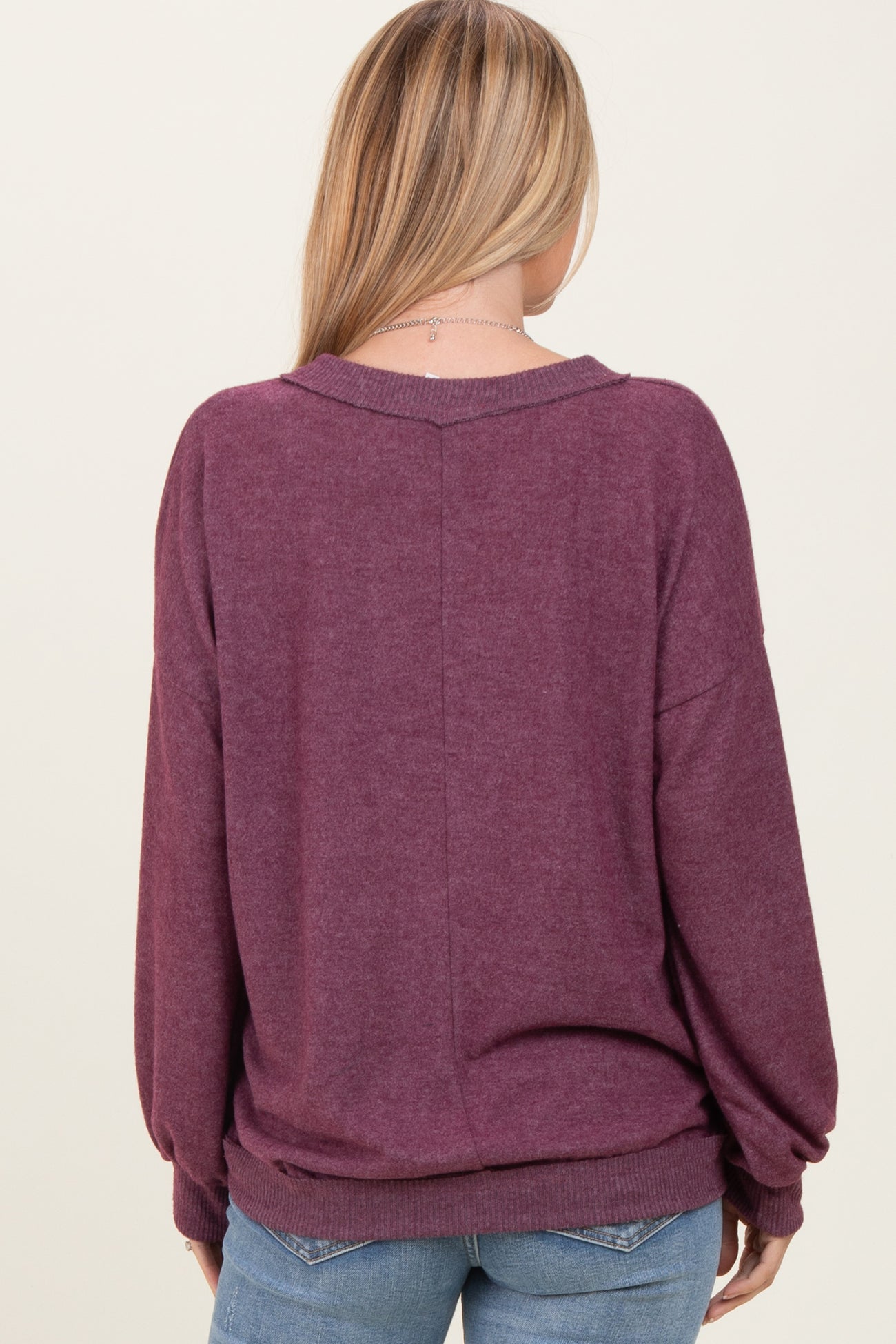 Plum Brushed Long Sleeve Ribbed V-Neck Top
