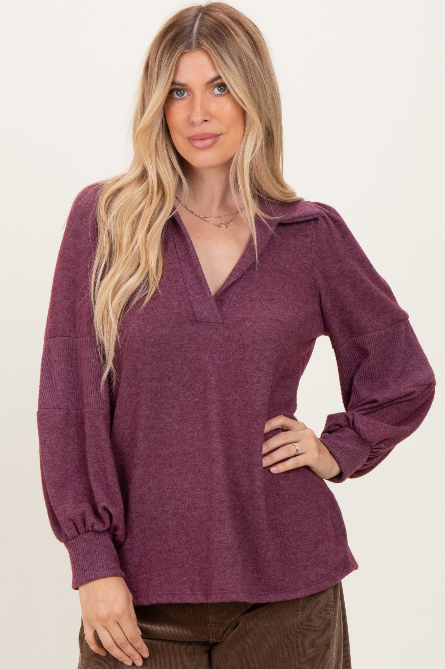 Plum Brushed Colorblock Long Sleeve Collared V-Neck Maternity Top