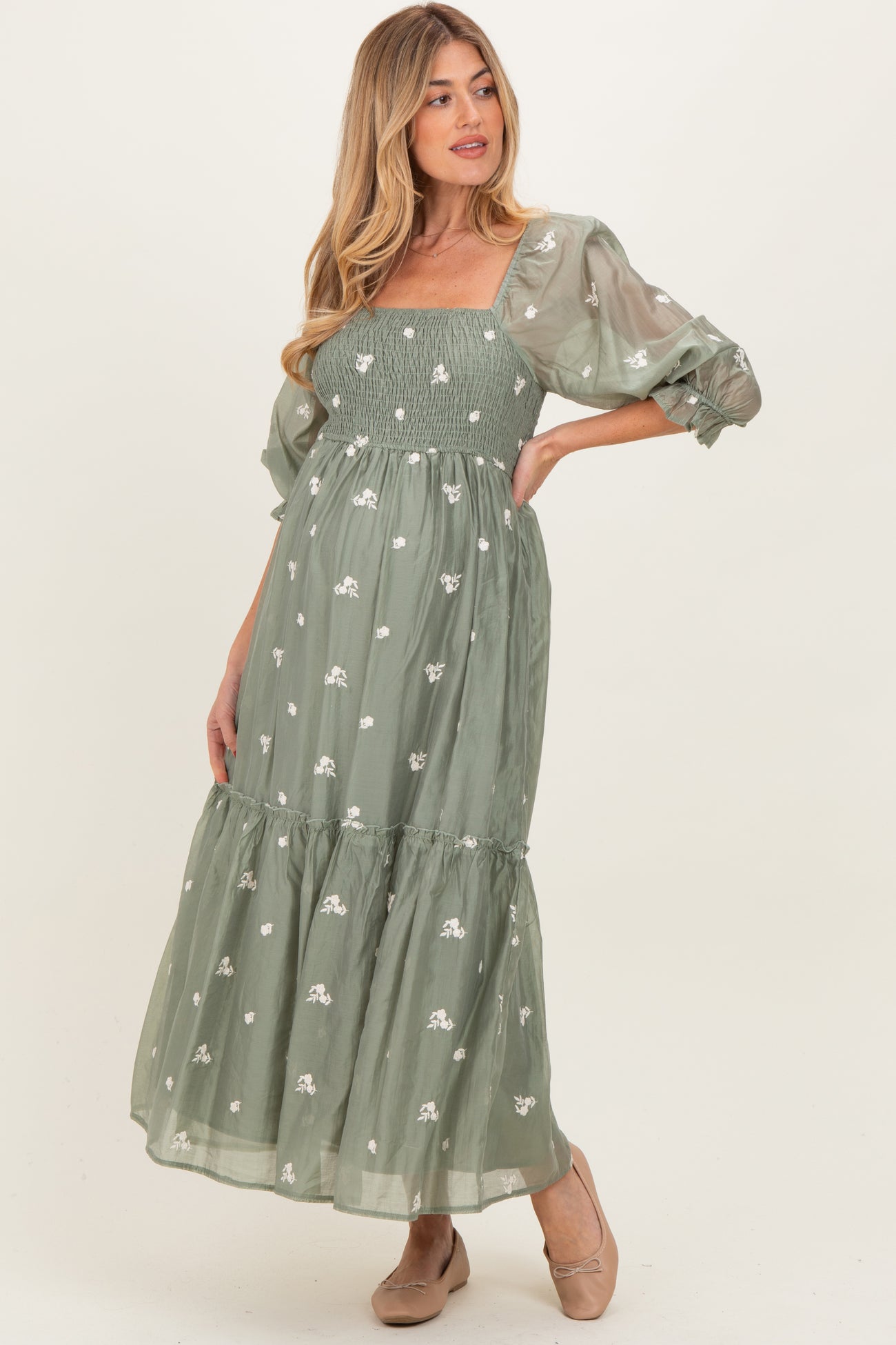 Light Olive Floral Embroidered Smocked 3/4 Sleeve Maternity Midi Dress