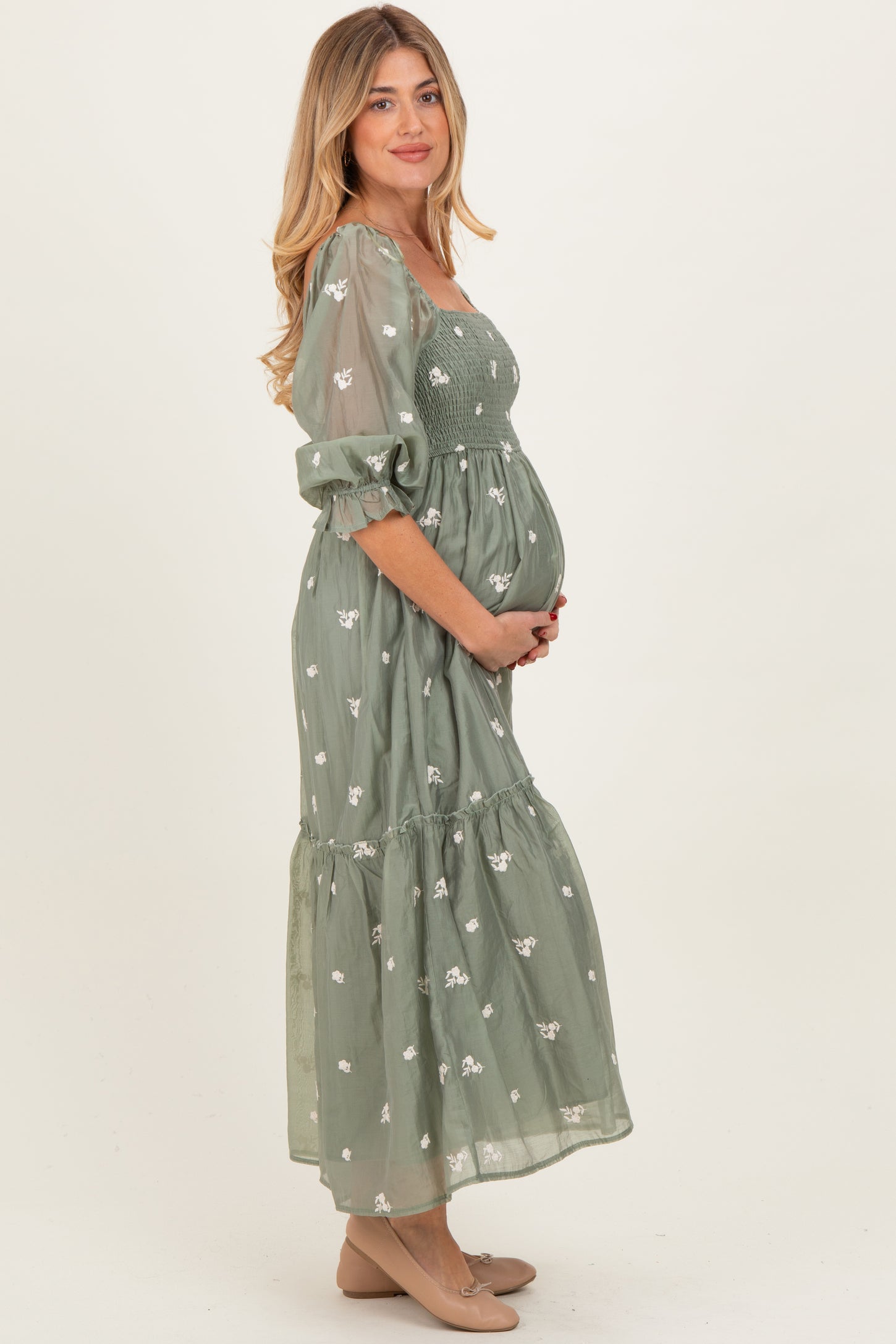Light Olive Floral Embroidered Smocked 3/4 Sleeve Maternity Midi Dress