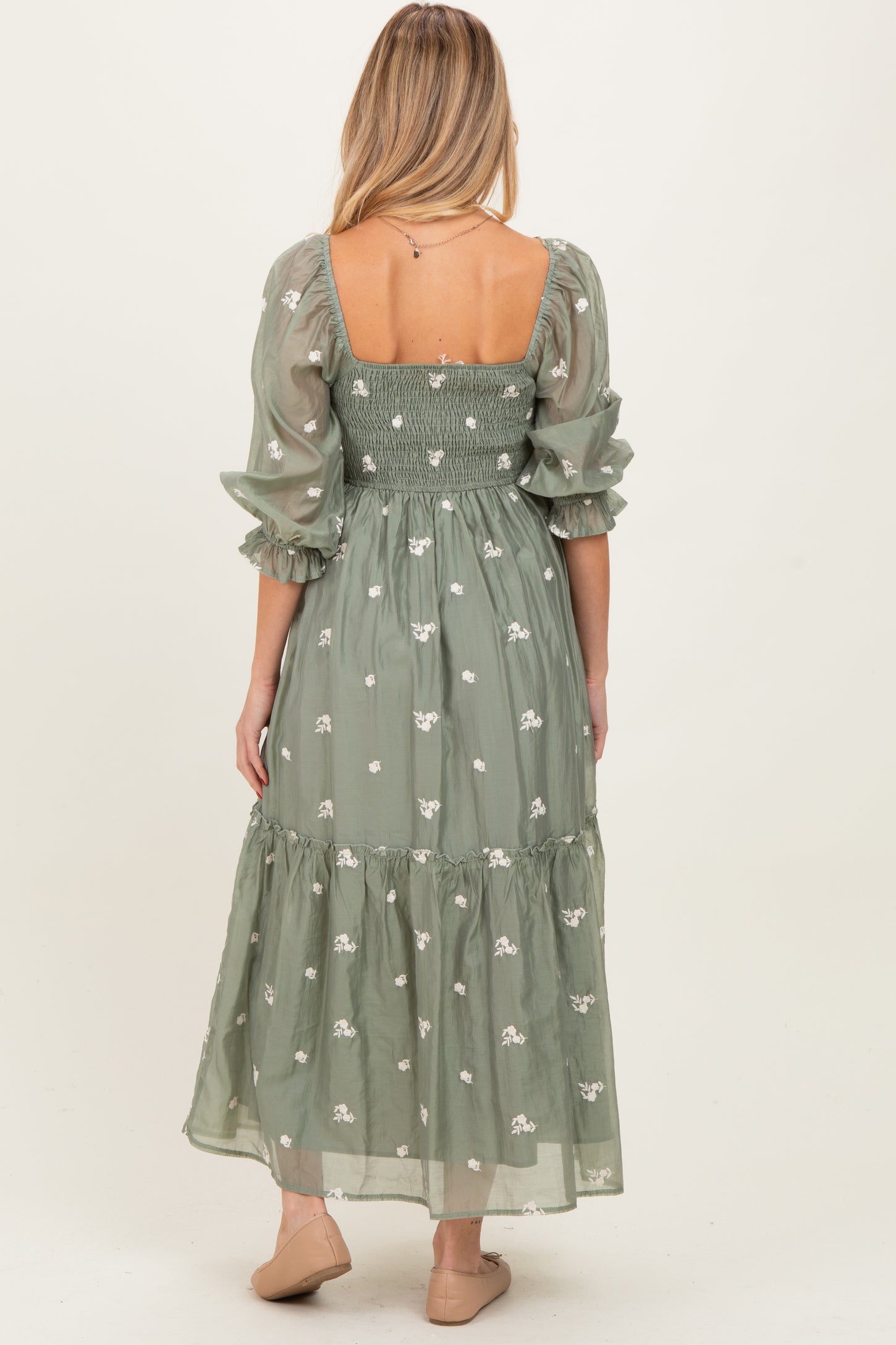 Light Olive Floral Embroidered Smocked 3/4 Sleeve Maternity Midi Dress