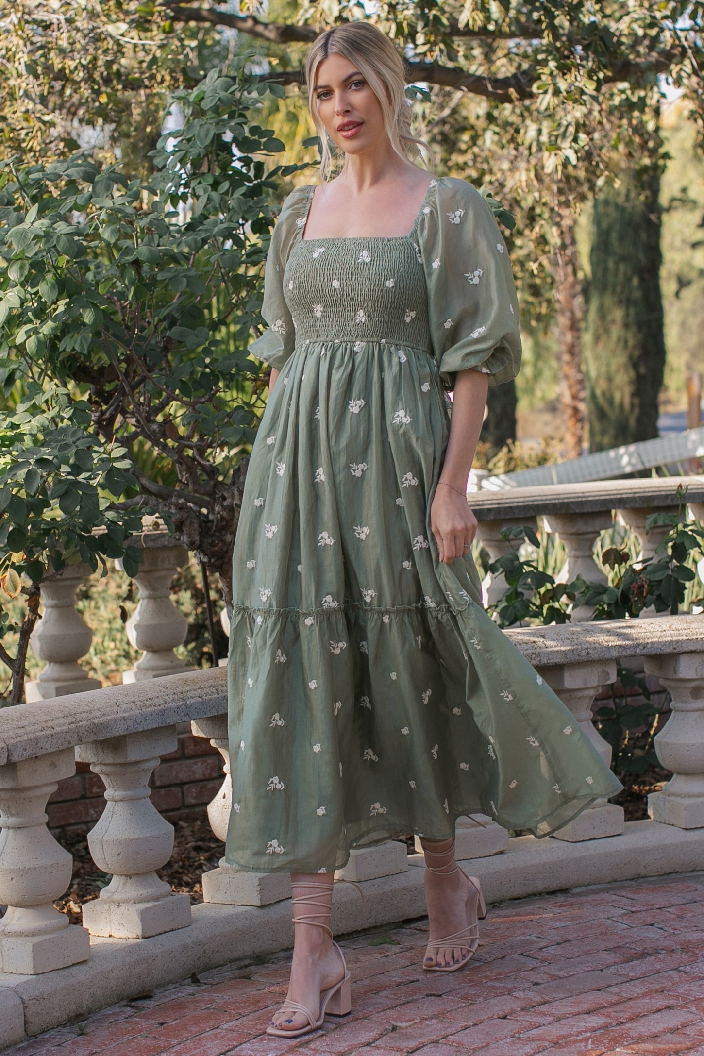 Light Olive Floral Embroidered Smocked 3/4 Sleeve Maternity Midi Dress