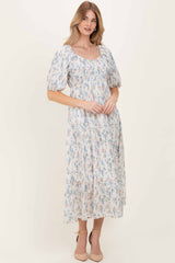 Cream Floral Puff Sleeve Tiered Maternity Maxi Dress