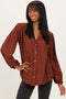 Brown Polka Dot Long Sleeve Button Down V-Neck Top
