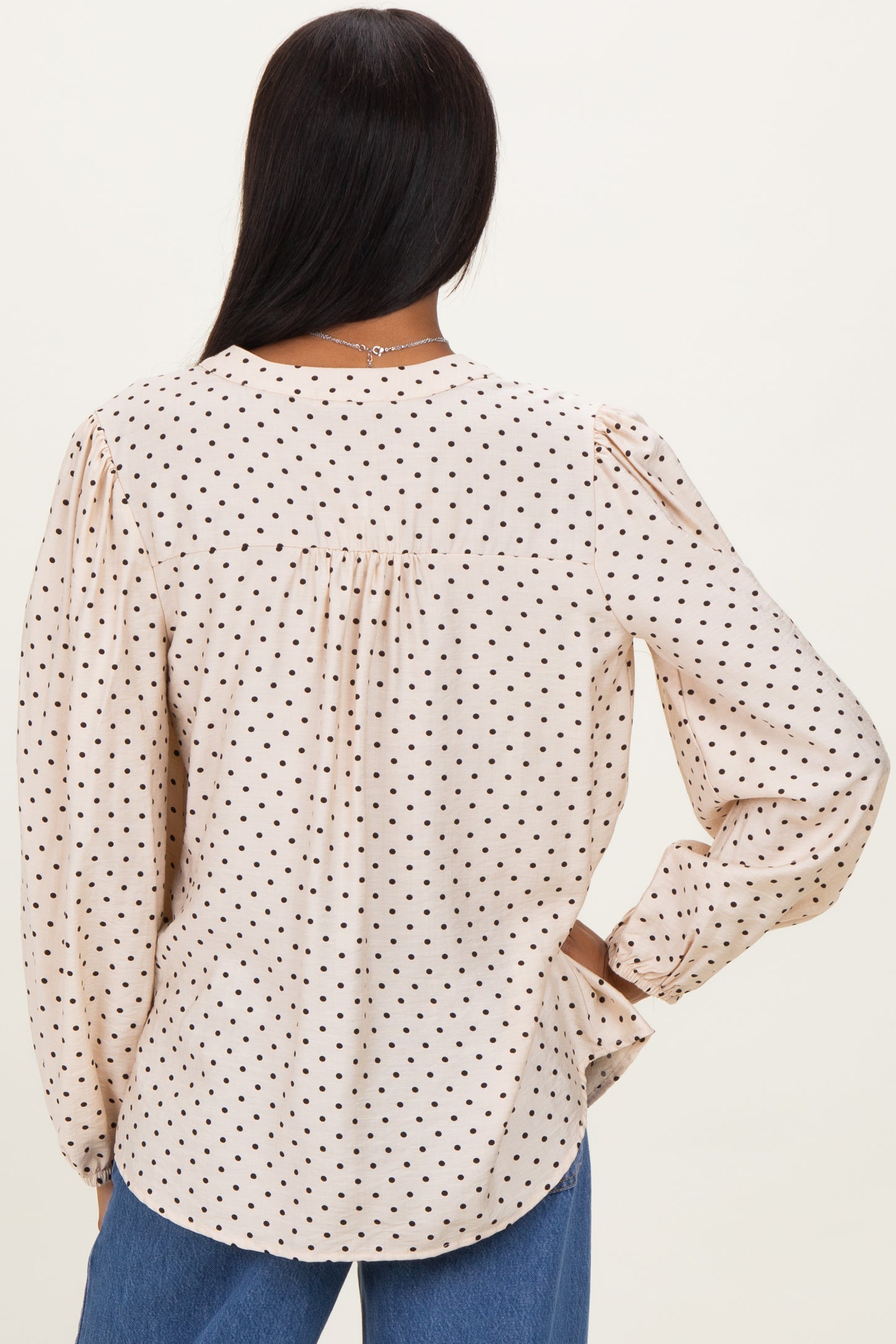 Ivory Polka Dot Long Sleeve Button Down V-Neck Top