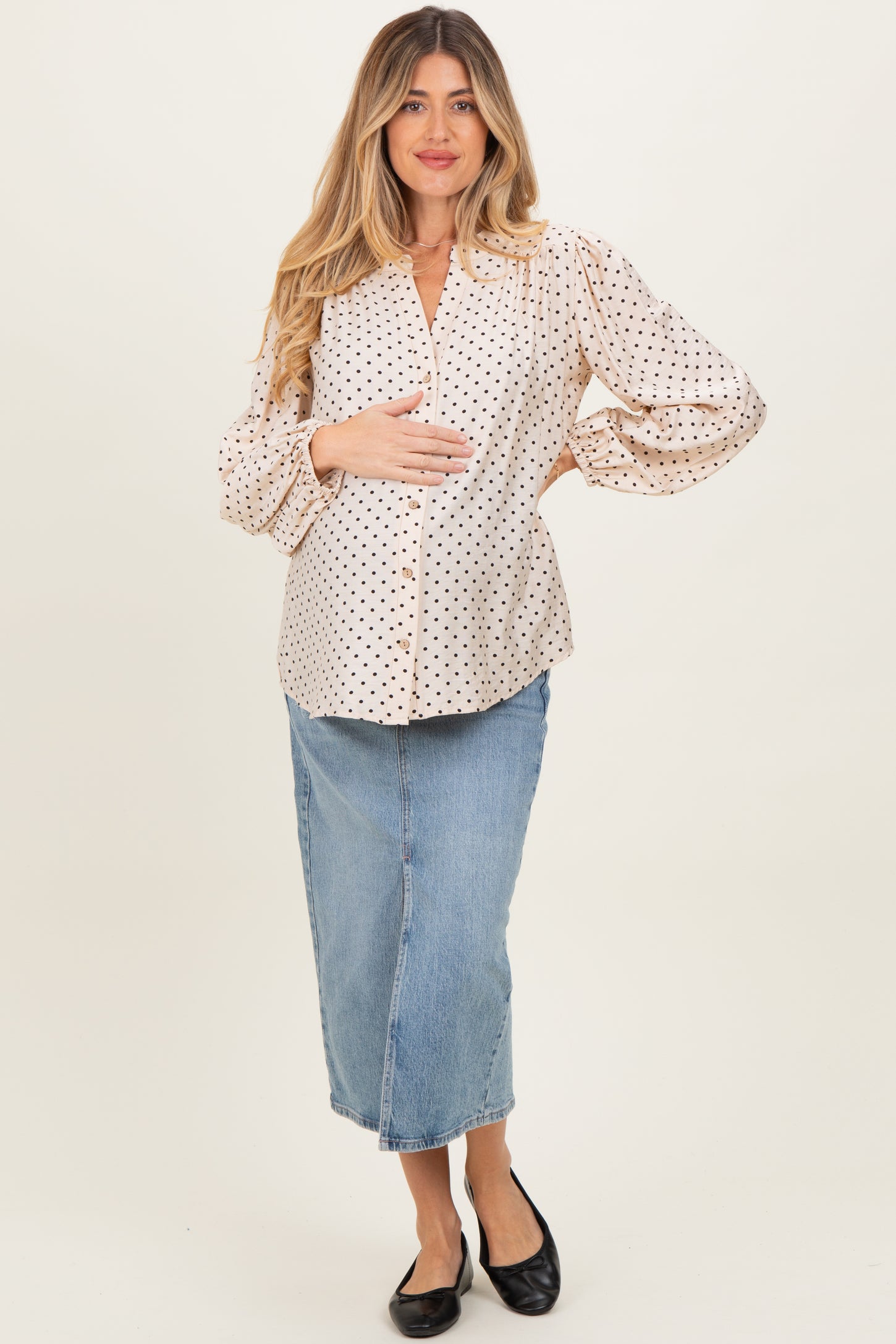 Ivory Polka Dot Long Sleeve Button Down V-Neck Maternity Top