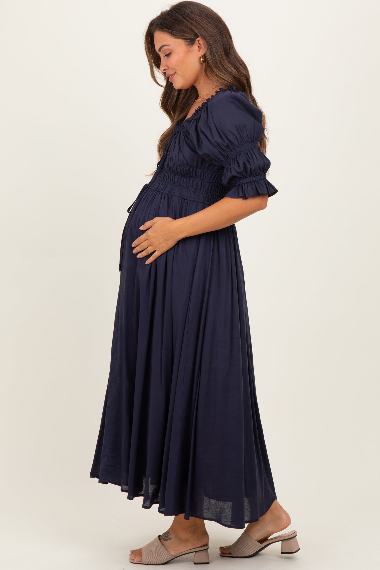 Navy Smocked Ruffle Square Neck Maternity Midi Dress