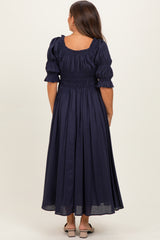 Navy Smocked Ruffle Square Neck Maternity Midi Dress