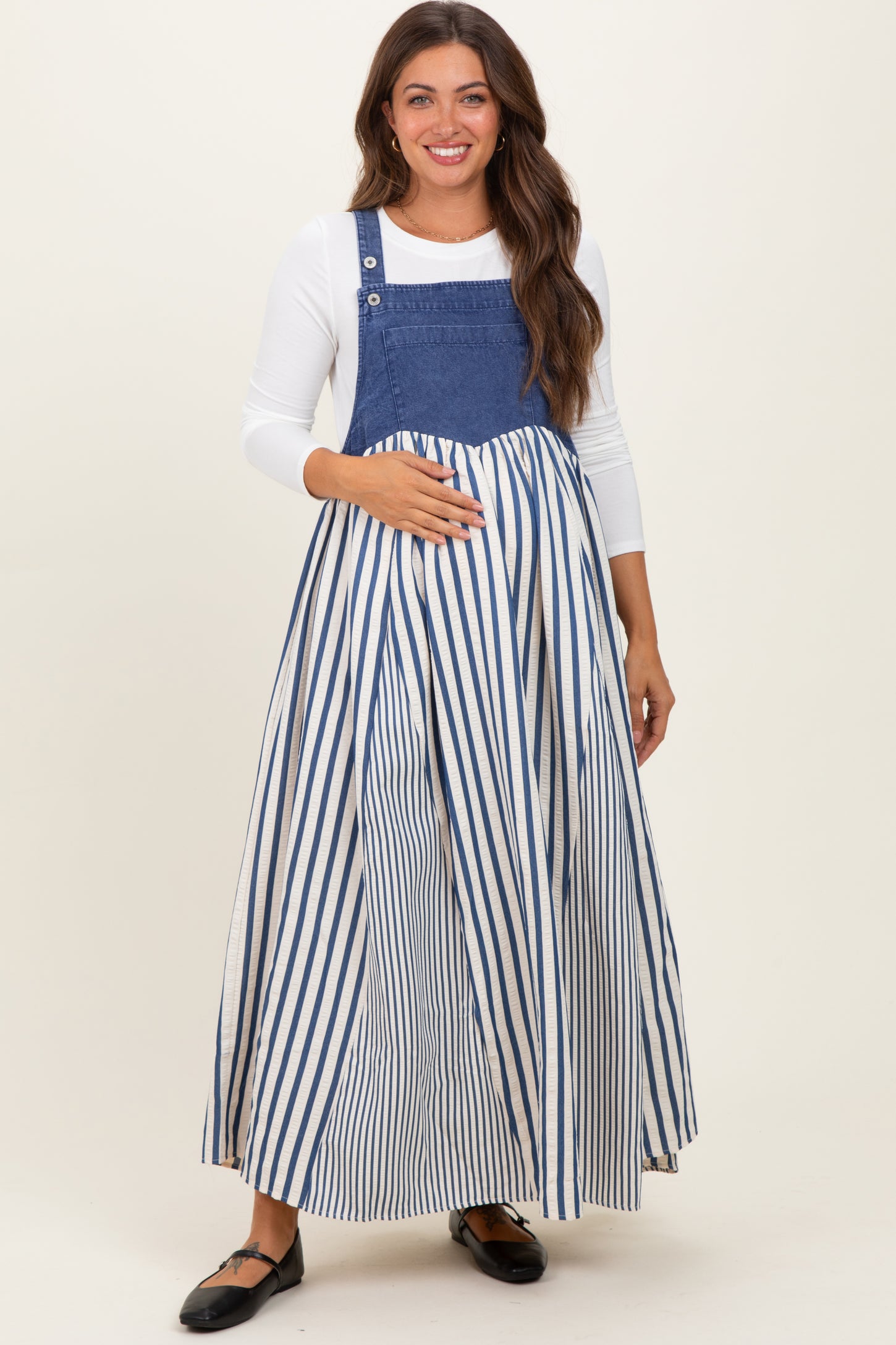 Blue Striped Colorblock Denim Contrast Maternity Maxi Dress