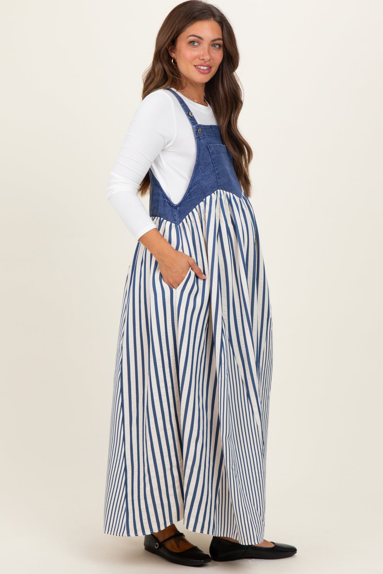 Blue Striped Colorblock Denim Contrast Maternity Maxi Dress