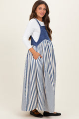 Blue Striped Colorblock Denim Contrast Maternity Maxi Dress