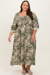 Olive Floral Smocked 3/4 Sleeve Maternity Plus Midi Dress