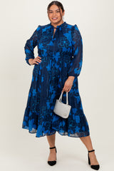 Navy Blue Floral Tiered Plus Maternity Midi Dress