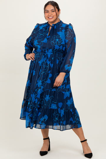 Navy Blue Floral Tiered Plus Midi Dress