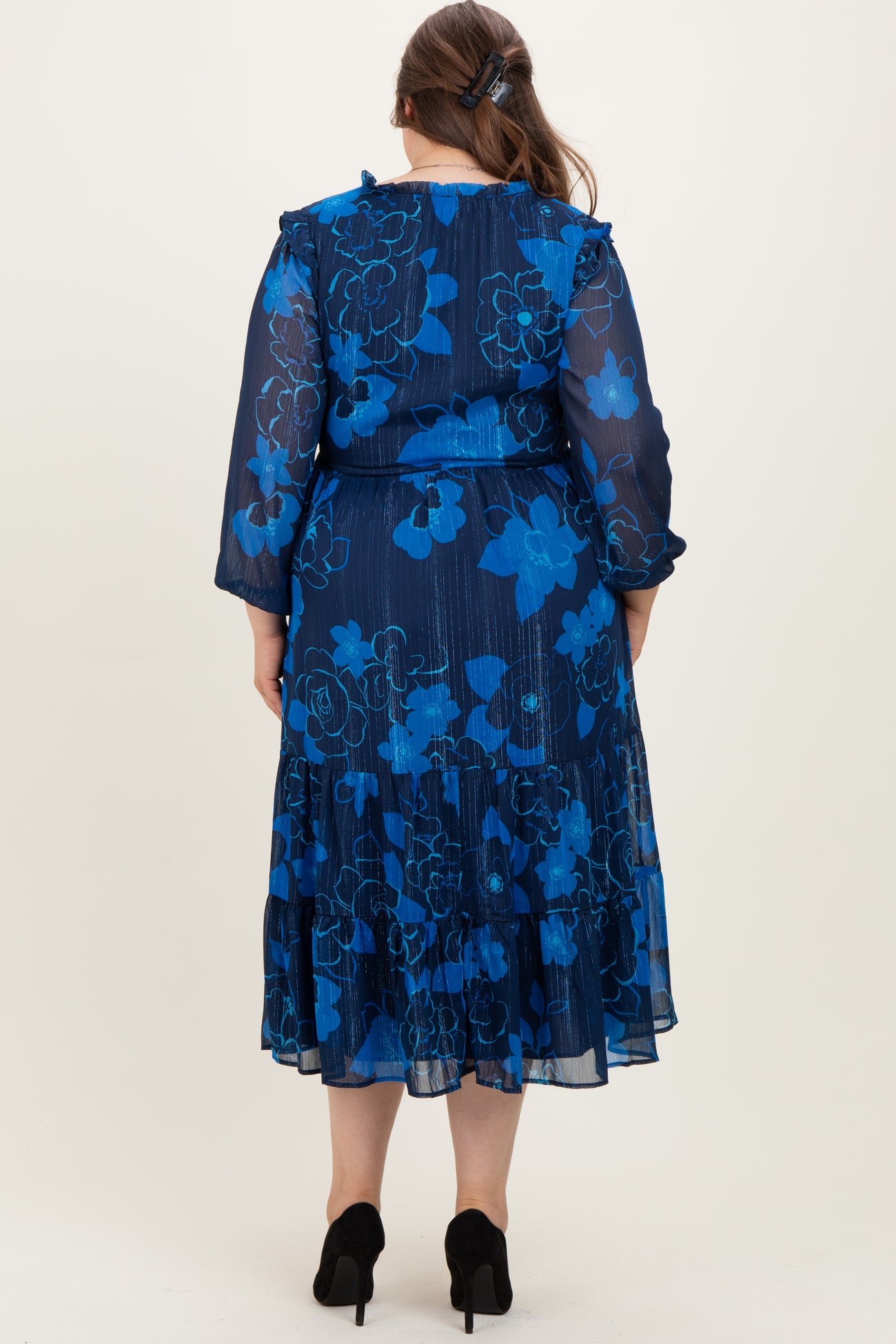 Navy Blue Floral Tiered Plus Maternity Midi Dress