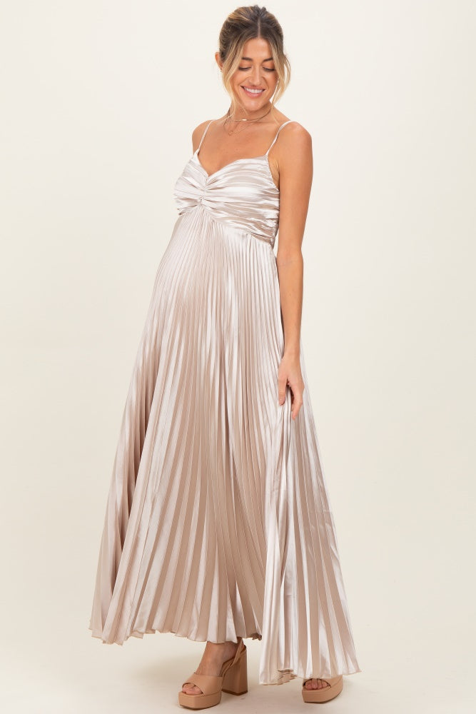 Beige Pleated Satin Sleeveless Maternity Maxi Dress