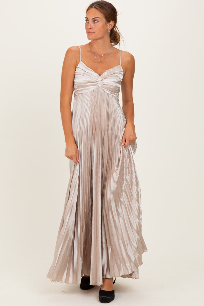 Beige Pleated Satin Sleeveless Maternity Maxi Dress