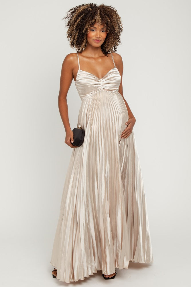 Beige Pleated Satin Sleeveless Maternity Maxi Dress