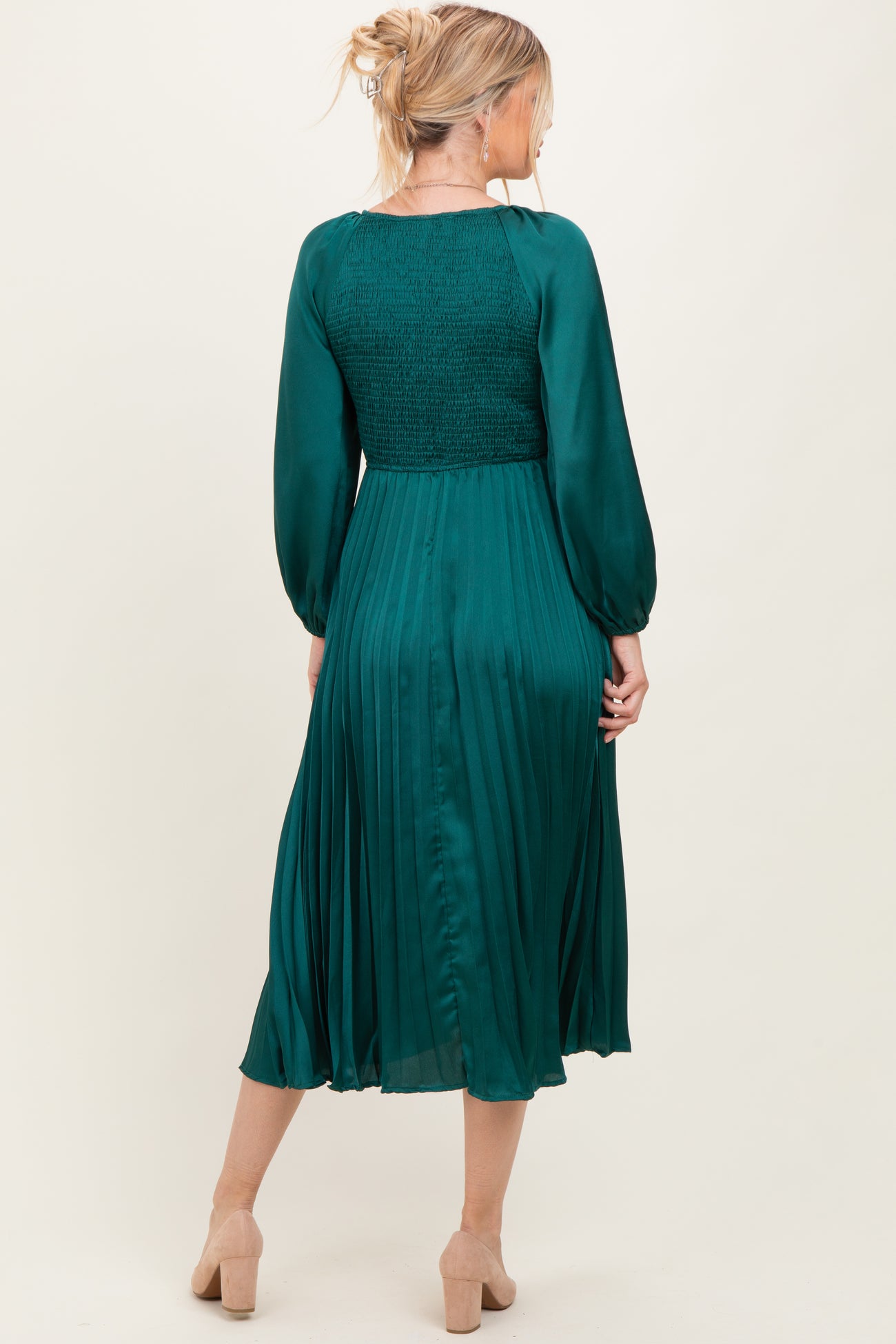 Forest Green Satin Smocked Pleated Midi Dress