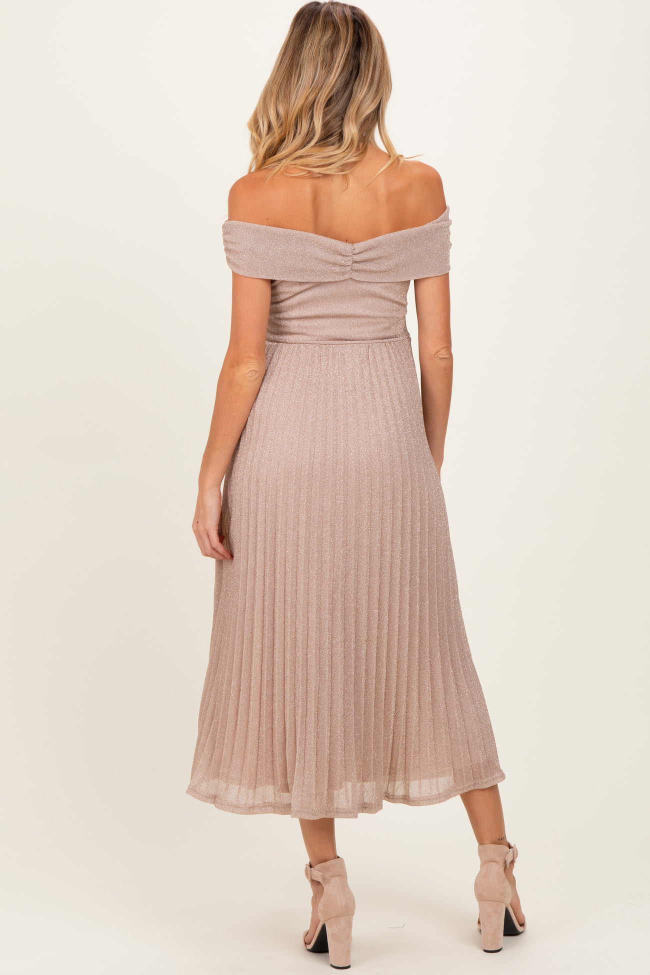 Beige Shimmer Off Shoulder Pleated Maternity Midi Dress